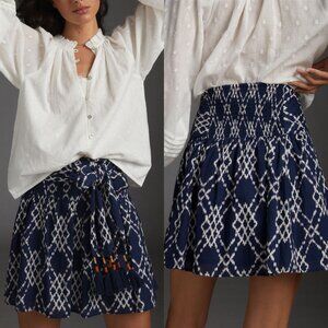 Anthropologie Navy Printed Rimbaud Tie-Waist Smocked Mini Skirt SIZE Small